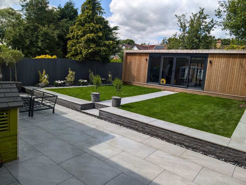 Tiered patio and artificial lawn